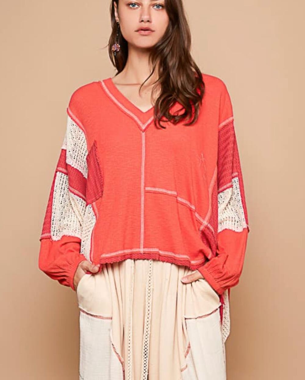 POL Patchwork Thermal Top Small Oversized Cropped Raw Hem Colorblock Boho
